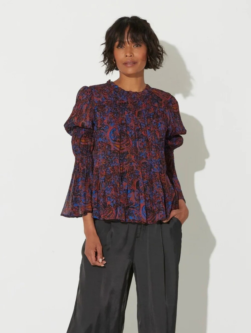Cleobella Multicolor Paisley Ruffle Neck Long-Sleeve Blouse